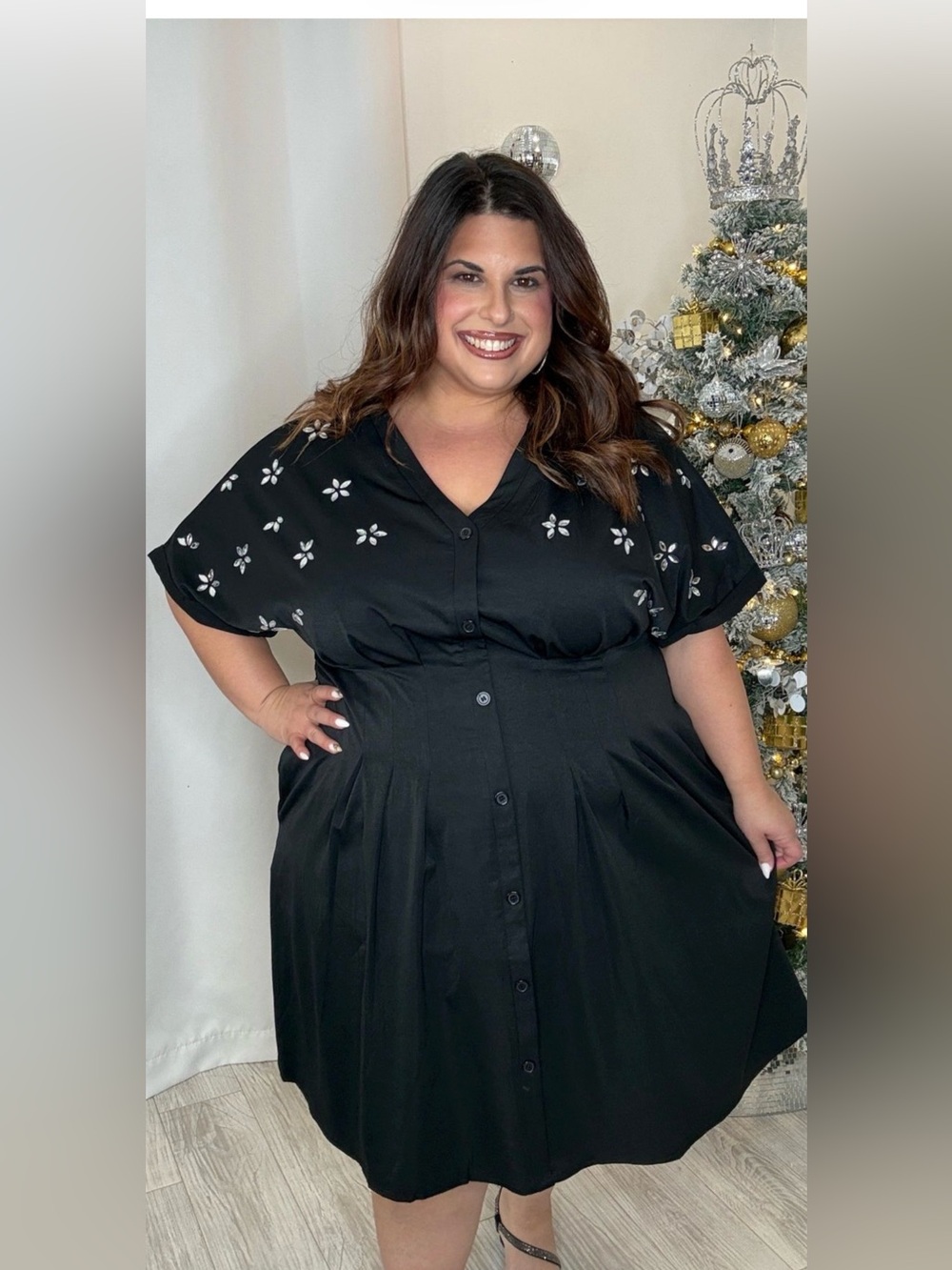 Plus Size Cinched Waist Dress with Rhinestone Detail